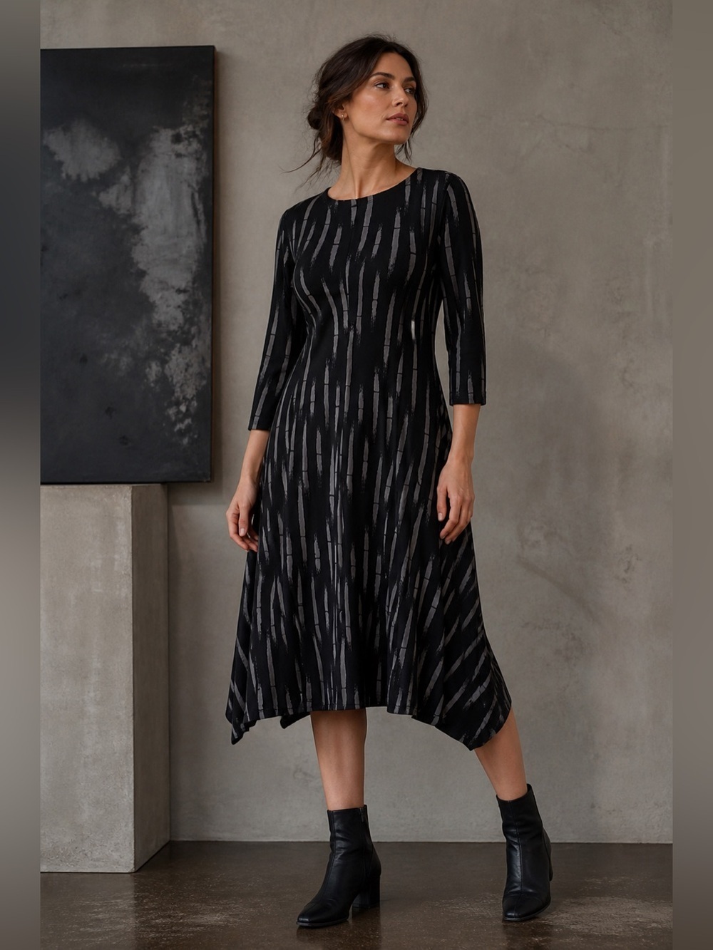 MxM by Matthildur Womens Dress XS Black Gray Stripe Midi Lagenlook Minimalist